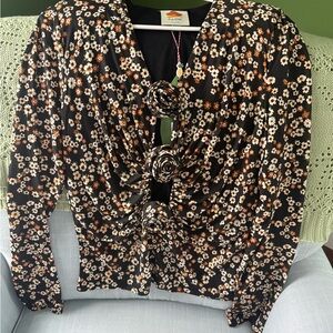FARM Rio Black Floral Blouse with Orange Accents